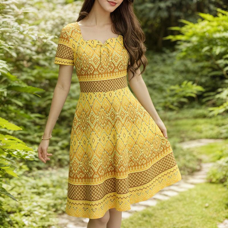 

ZANZEA Women Casual Square Neck Short Sleeve Summer Print A-line Dress 5XL жёлтый