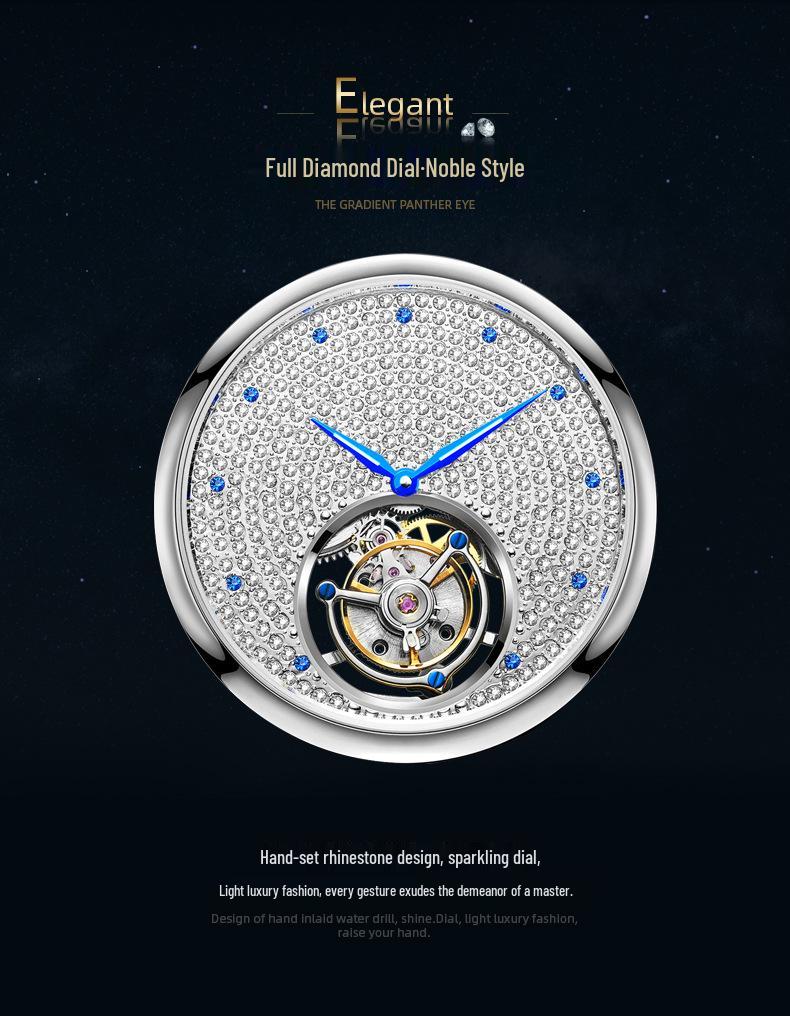 Men's Swiss Movement Waterproof Mechanical Watch with Diamond-Set Skeleton Design and Leather Strap