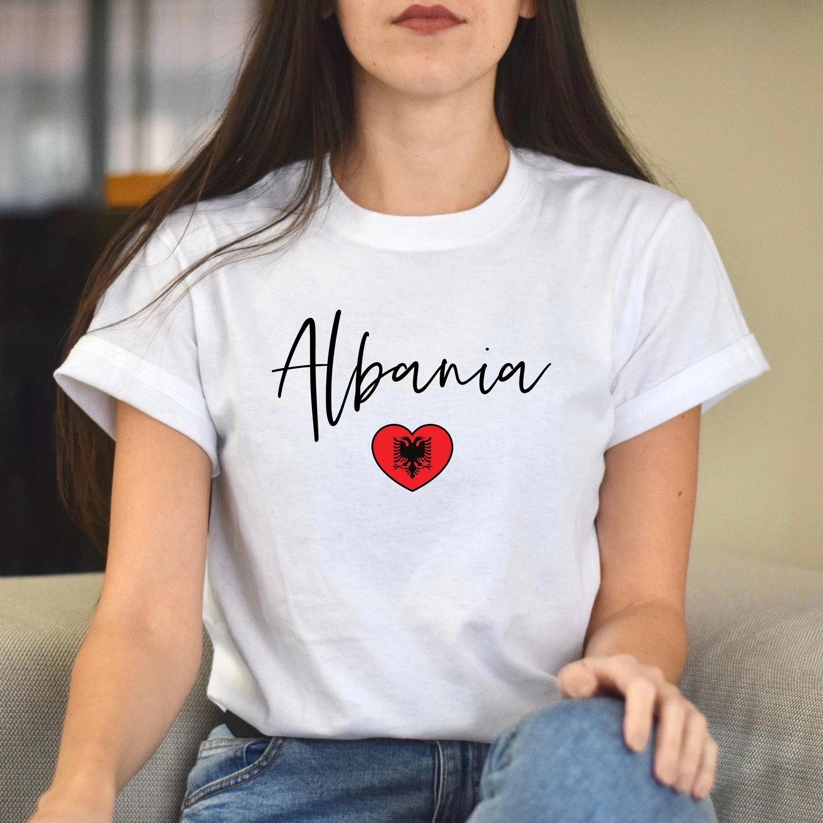 Albania flag heart Unisex T-shirt Albania love tee White Sand Blue L