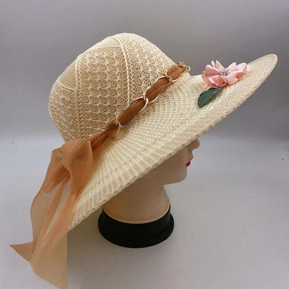Summer Women's Hats for Tourism UV Protection, Sun Shading Printed Chains Large Brims Women's Knitted Hats