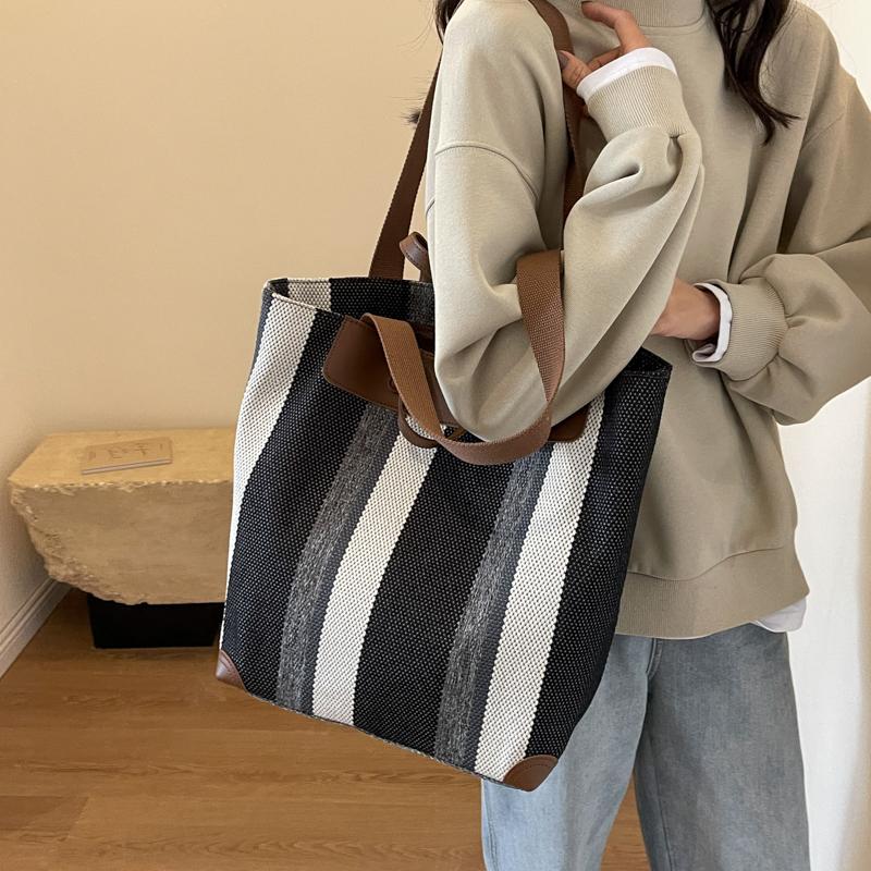 Canvas Bag Large Capacity Shoulder Bag for Female Striped Tote Bag