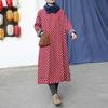 Johnature Damen Gepunktete Kleider Vintage Warm Dick Frühling A-Linie Taschen Lässig A-Linie Rote Kleider