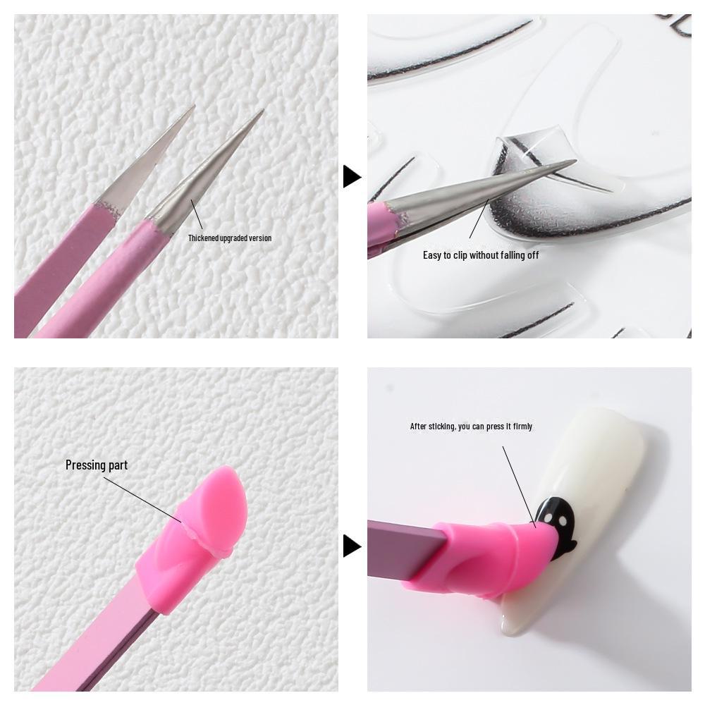 Double-Headed Multifunctional Nail Art Tweezers with Silicone Press Stick and Straight Head for Embossed Stickers and Jewelry Clippers.