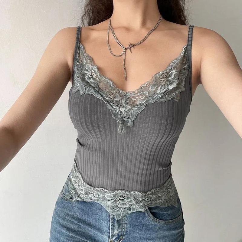 Lace Lace Splicing Pit Strip Deep Suspender Summer New Women's Clothing Exposed Navel Sexy Slim Fit Small Vest