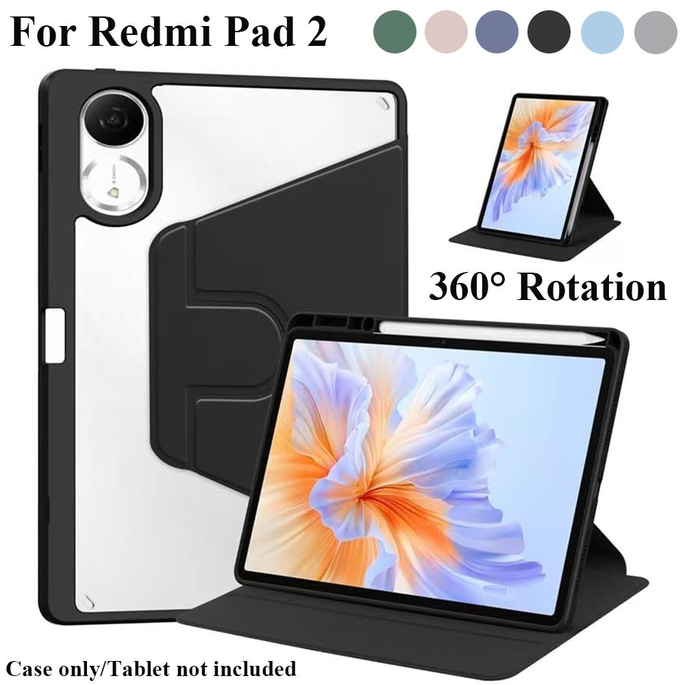 For Redmi Pad 2 11 Inch 360° Rotating Acrylic Case Transparent Shockproof Cover With Pen Holder Anti-Scratch Tablet Shell