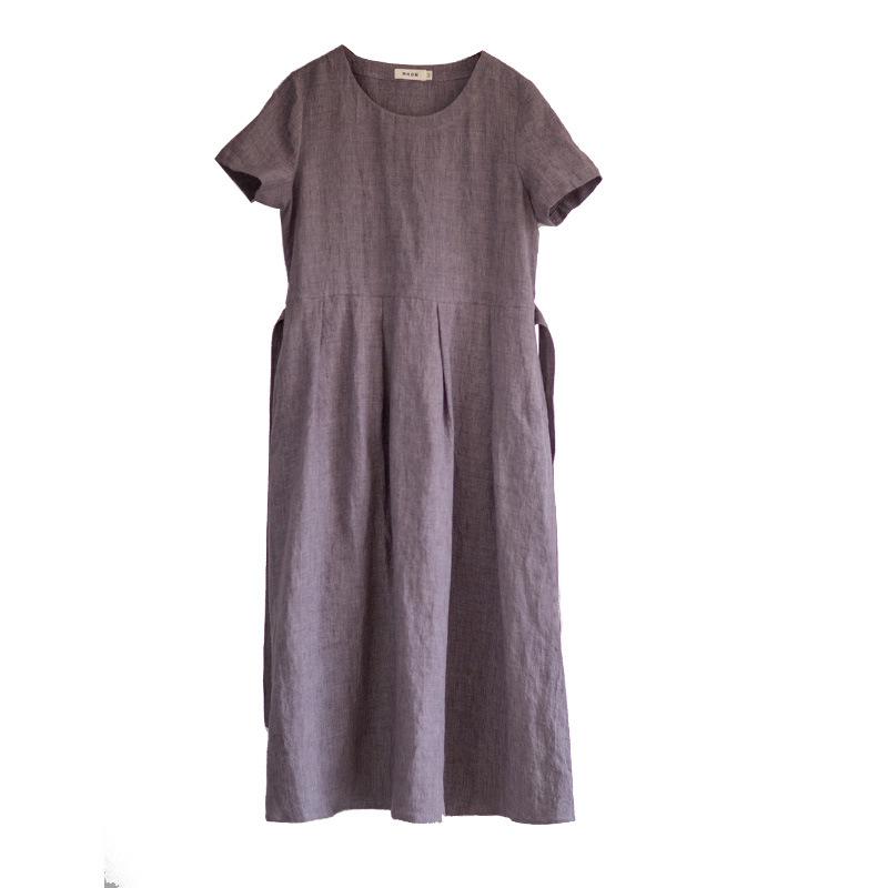 

Johnature Женское летнее платье с круглым вырезом и короткими рукавами, корейское винтажное свободное однотонное ретро-платье S фиолетовый