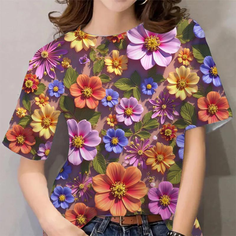 Women's Flower Pattern Graffiti Print Short Sleeve Casual T-Shirt