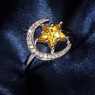 Einfacher Damen Hochzeits Sterling Silber Stern Gelber Mond Micro Pave Zirkon Fingerring Für Frauen Anillos Mujer