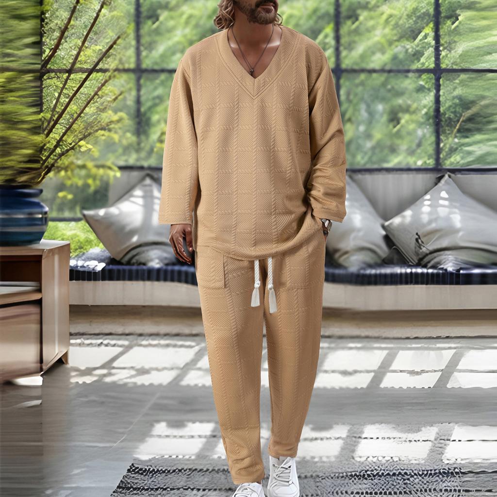 Męski casualowy zestaw sportowy z koszulą z długim rękawem zapinaną na guziki ze stójką i długimi spodniami