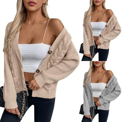 Women's Casual Solid Color Dough Twists Knitting Cardigan Retro Single Breasted Sweater Top