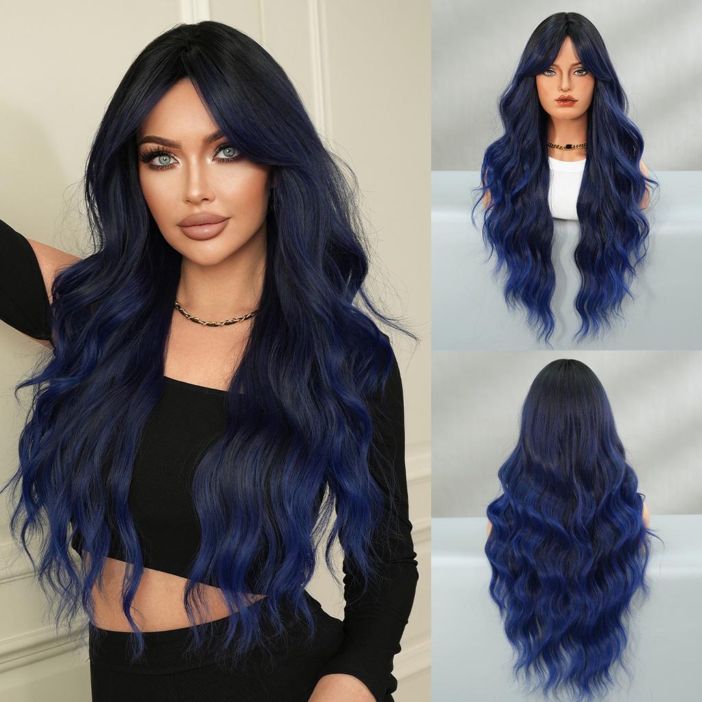 High Quality Eight Character Bangs Wig Women Long Curly Hair With Big Waves Internet Famous Silk Mist Gray Gradient Temperament Fluffy Full Head Cover