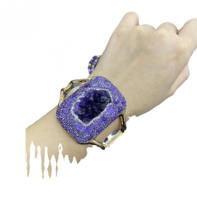 Natural Uruguay Amethyst Rough Stone Set With Handmade Knit Chain Necklace Bracelet Women