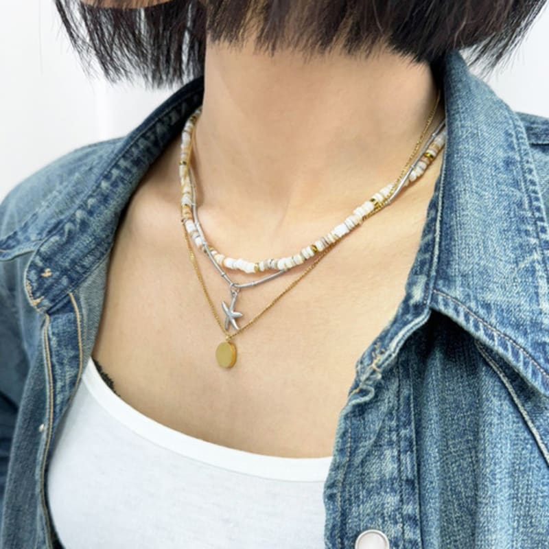 S SY [set] natural shell beads & gold pendant necklace