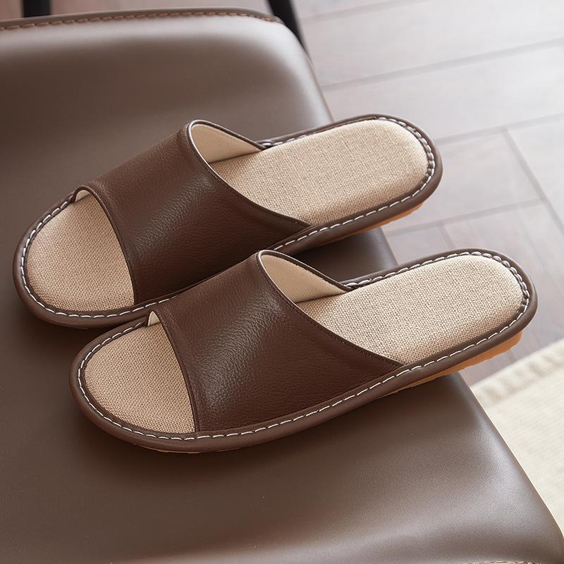Leather slippers first layer cowhide indoor home beef tendon bottom non-slip genuine leather linen slippers women's high sense of home