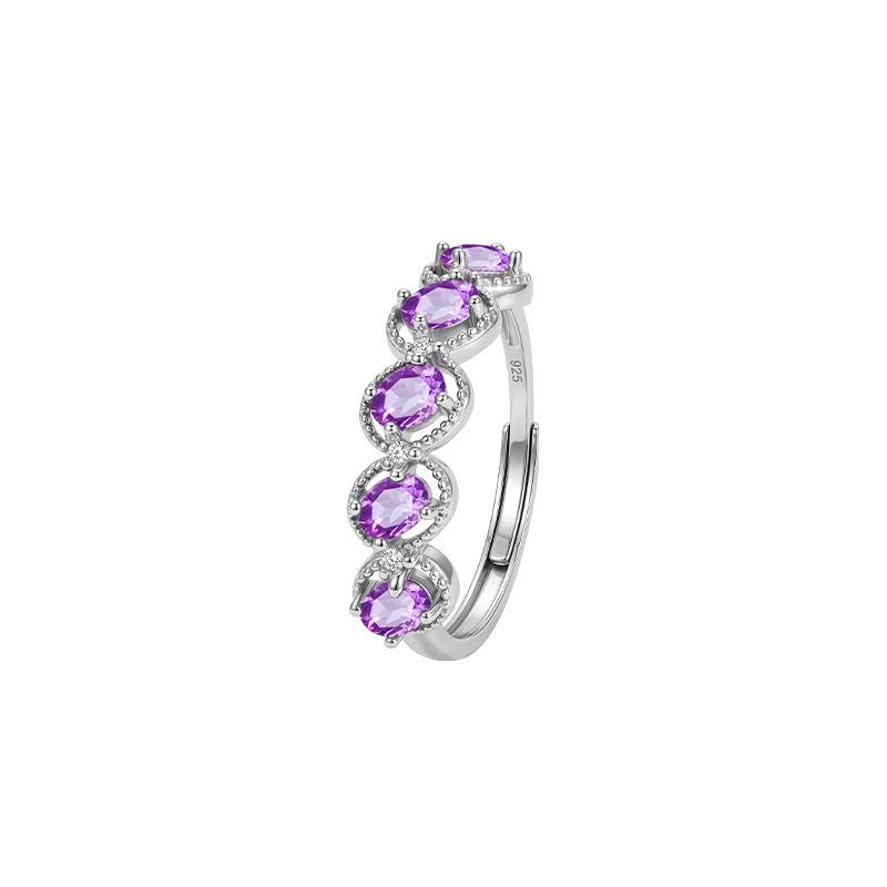 S925 Sterling Silver Ring Women's Natural Amethyst Garnet French Row Inlaid Treasure Ring Light Luxury Hand Jewelry
