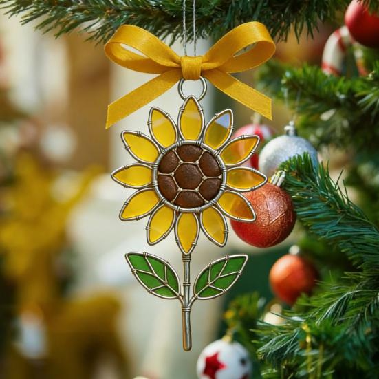 Yousheng Sunflower Sea Glass Ornament Handmade Acrylic Sunflower Xmas Tree Hanging Decor Rustic Vintage Suncatcher for Living Room Farmhouse Wall