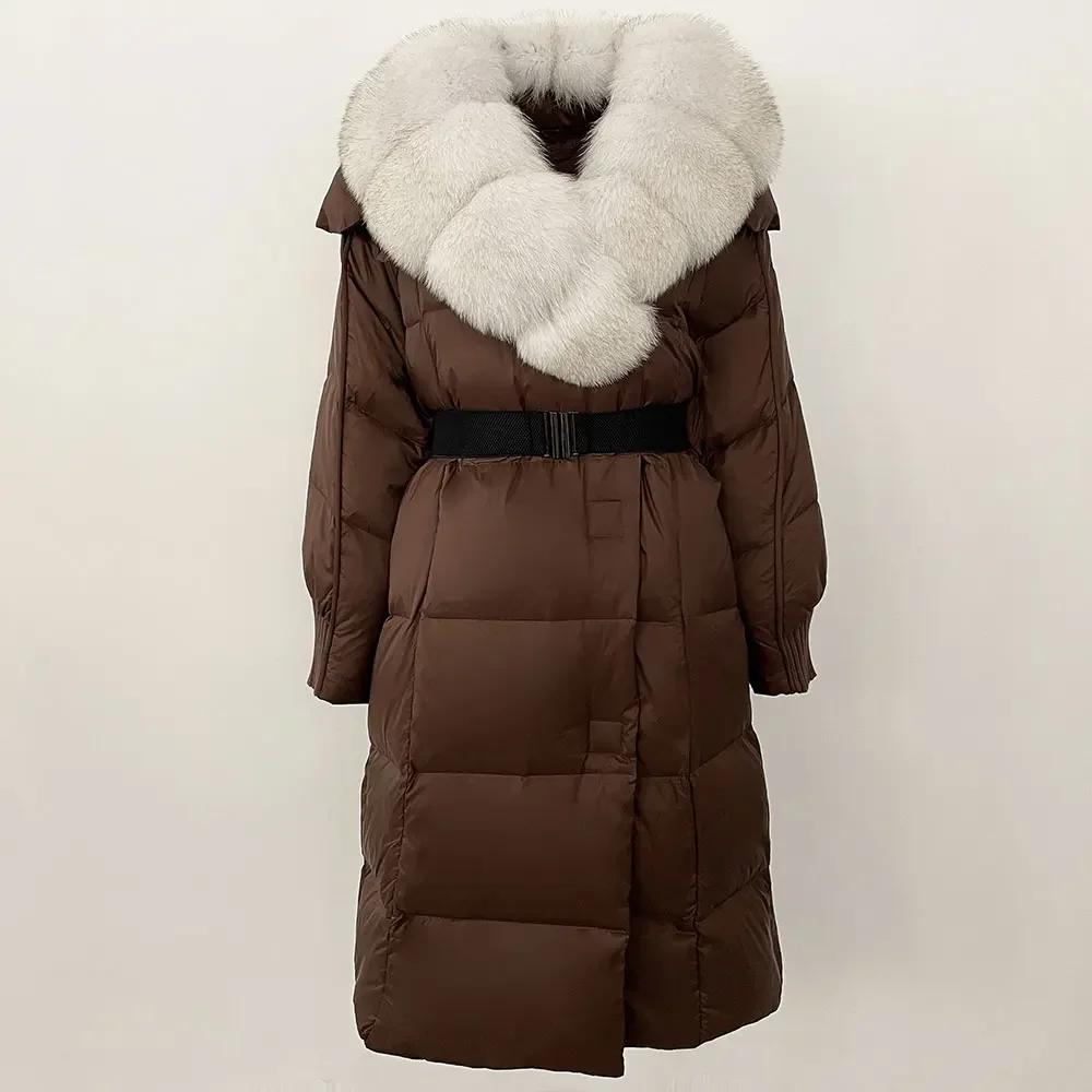 OFTBUY Winter Jacket Women Long Natural Real Raccoon Fox Fur Collar White Duck Down Coat Belt Thick Warm Casual Outerwear