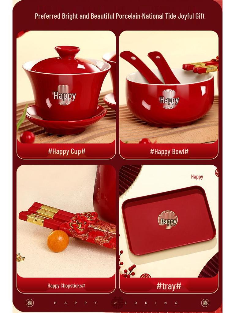 Red Wedding Tea Set: Complete Cups, Lid, Bowl & Chopsticks Set for a Joyous Occasion