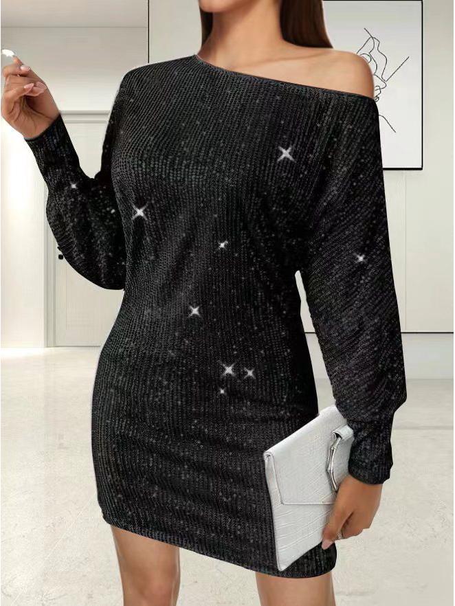 2024 Spring/Summer Women's One-Shoulder Sequin Midi Dress with Long Sleeves