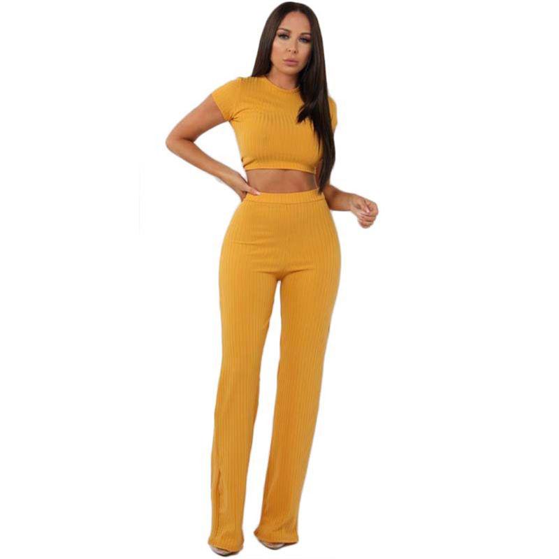 Cintura alta pierna ancha pantalones mujeres sexy 2 piezas trajes de manga  corta O-cuello recortar top a rayas de rayas de color sólido Clubwear  comprar a buen precio — entrega gratuita, reseñas