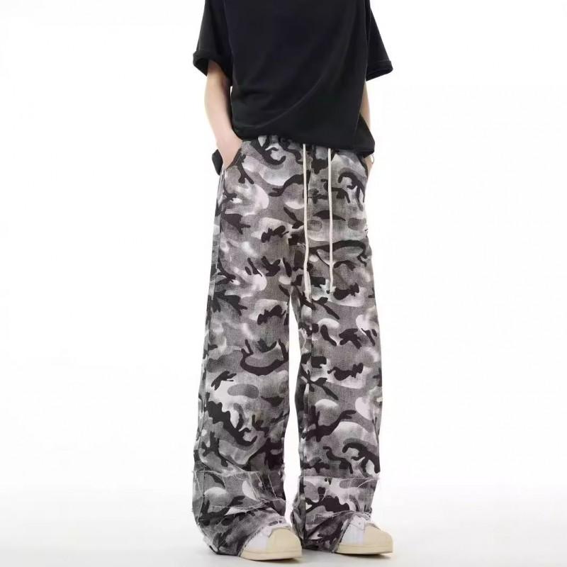 Mens Retro Camo Denim Pants Loose Fit Wide Leg High Waist Streetwear Straight Cut Jeans