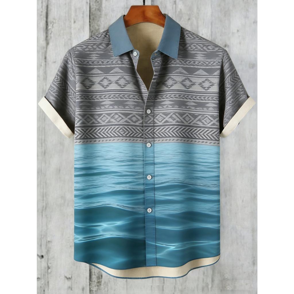 Men's Ethnic Style Linen Short-sleeved Shirt Natural Ocean High-definition 3D Printed Shirt Men's Hawaiian Vacation Outdoor Top