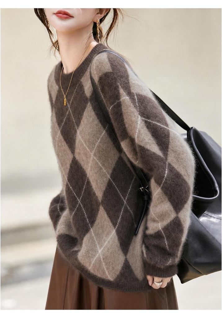 Maglione da donna di alta gamma in lana cashmere con patchwork a rombi - Girocollo, Manica lunga, Autunno/Inverno