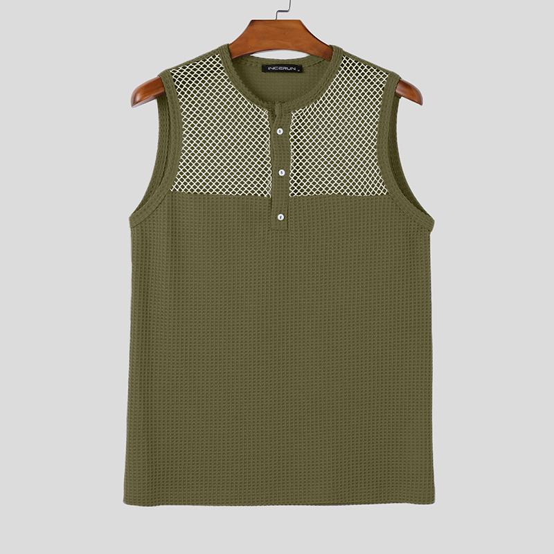 INCERUN Men Casual Sleeveless Patchwork Waffle Texture Hollow Out Tank Tops