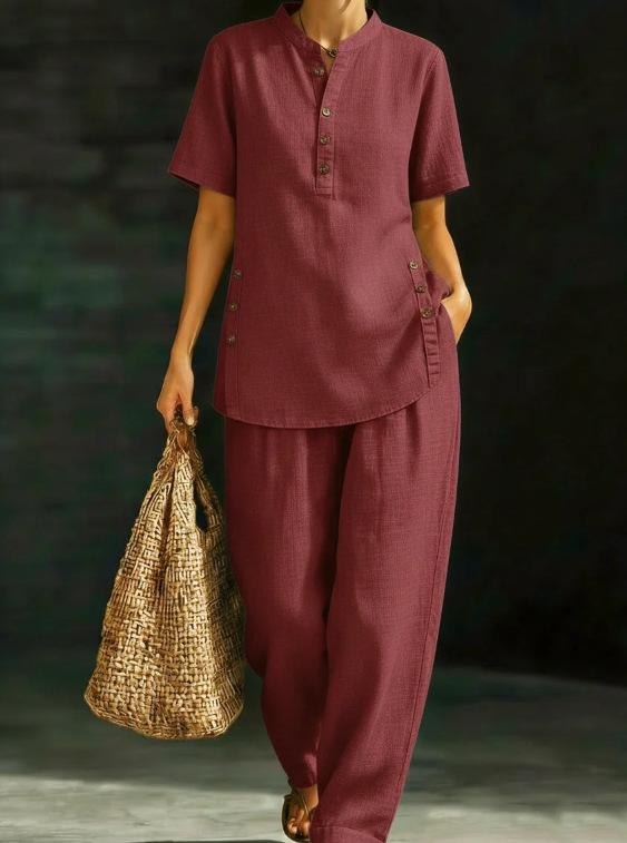 2026 New European and American Comfortable Casual Button-up Shirt and Wide-leg Pants Linen Two-piece Set