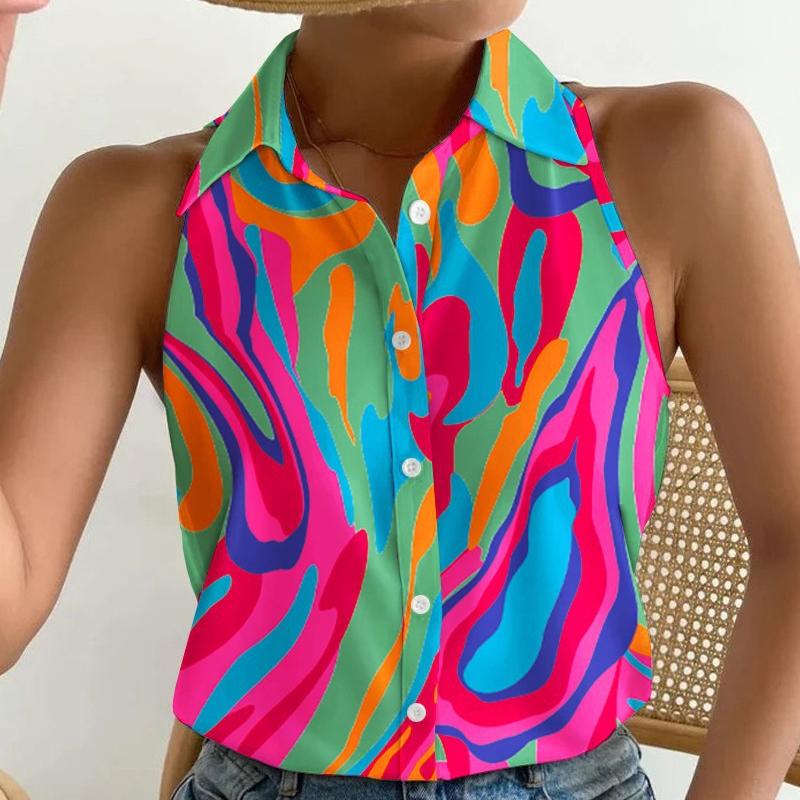 BITCED Dámská letní ležérní móda Dámská košile s abstraktním potiskem bez ramínek bez rukávů