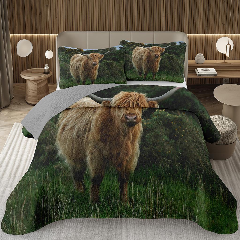 Hochlandkuh Tagesdecke Twin/King Bauernhoftier Stier Rind Überwurf Rustikaler Landhausstil Gestepptes Bettwäscheset Wendbare Tagesdecken