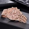 Full Rhinestone Men’s Watch Chic Geometric Steel Band Couple Watch Romantic Rose Gold Three Eye Calendar Quartz Wristwatch