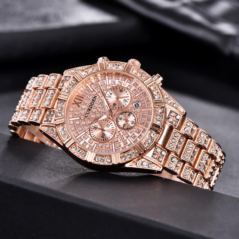 Full Rhinestone Men’s Watch Chic Geometric Steel Band Couple Watch Romantic Rose Gold Three Eye Calendar Quartz Wristwatch