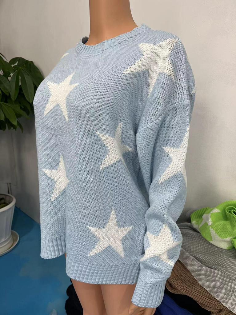 Dunhuang Women's Knit Sweater - Star Pattern, Round Neck, Long Sleeve, Casual Loose Fit.