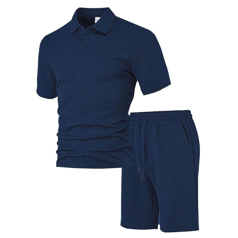 Fashion Men's Textured Polo Shirt 2-Piece Set Casual Short Sleeve Top & Shorts Tracksuit