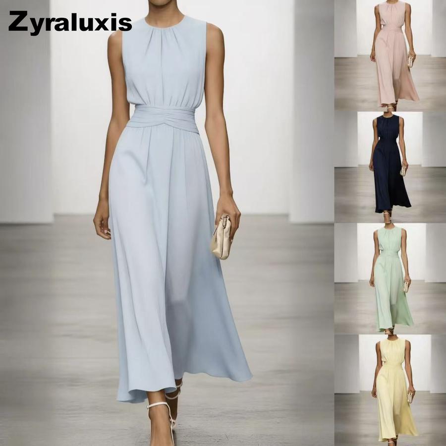 New Women's Sleeveless Round Neck Ruched Dress Elegant Simple Spring Summer Style