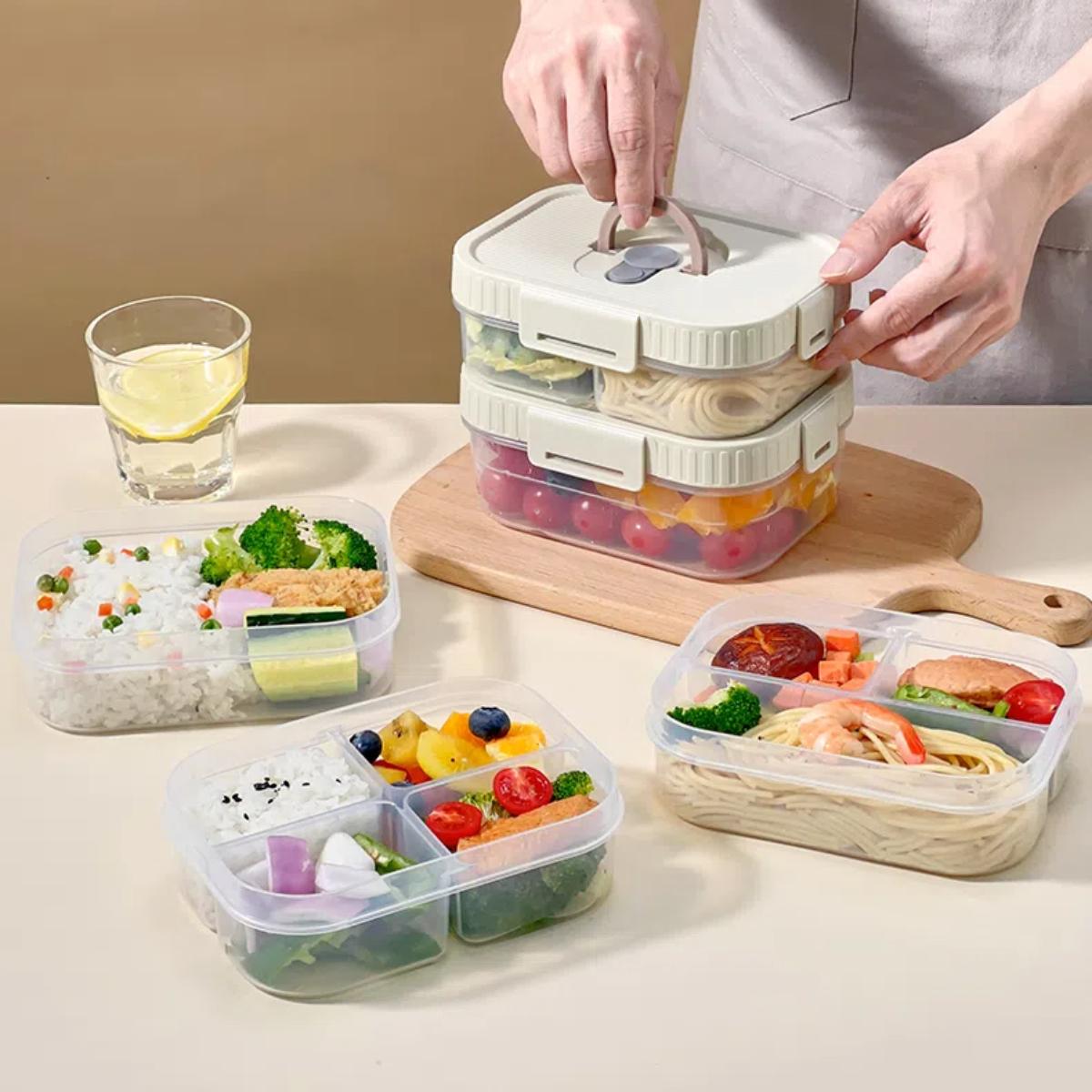 

WORTHBUY Clear Plastic Divided Lunch Box With Handle Microwave Portable Leak Proof Bento Box Large Capacity Picnic Food Containe