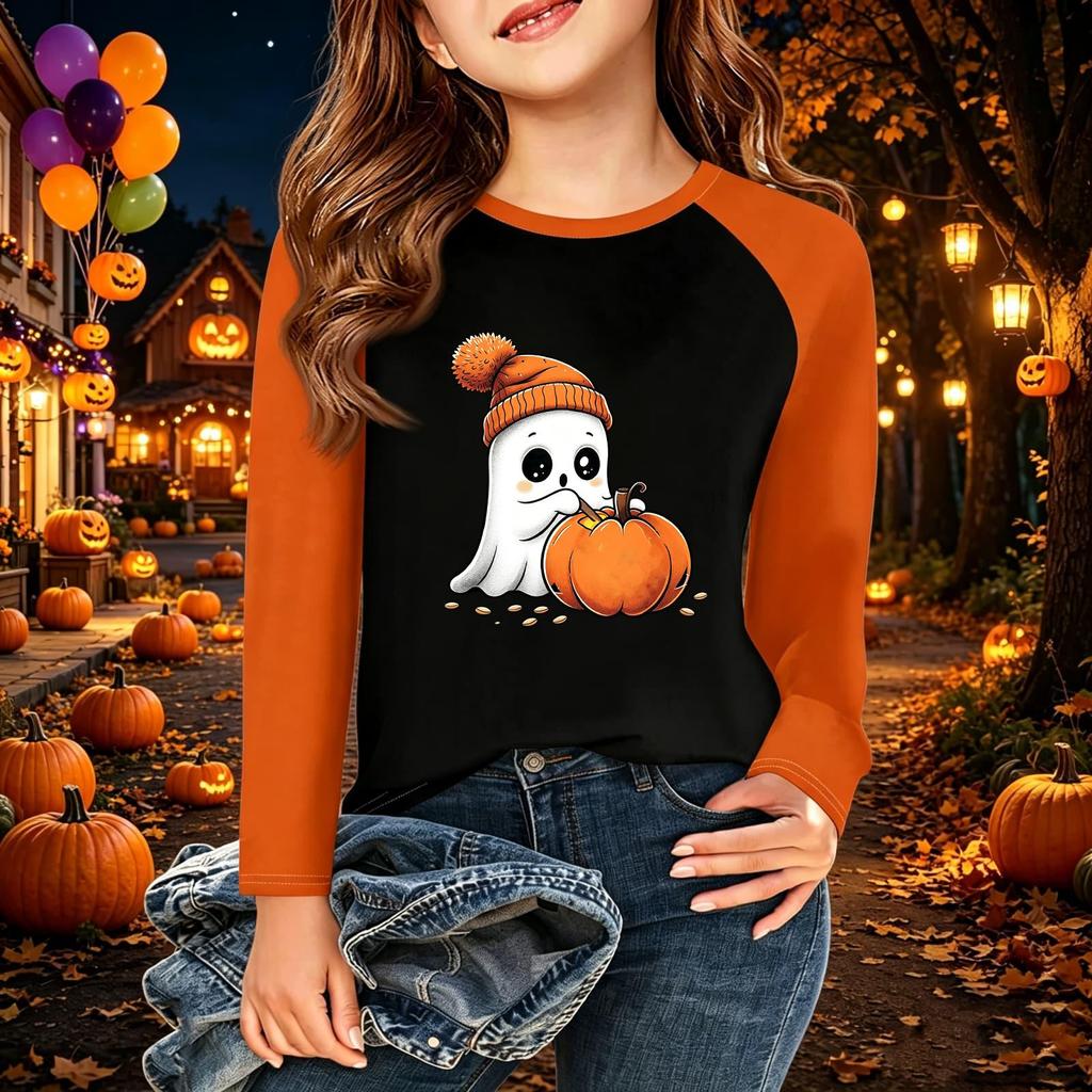 Kids' Halloween Printed Long Sleeve Neck T-Shirt for Casual Wear