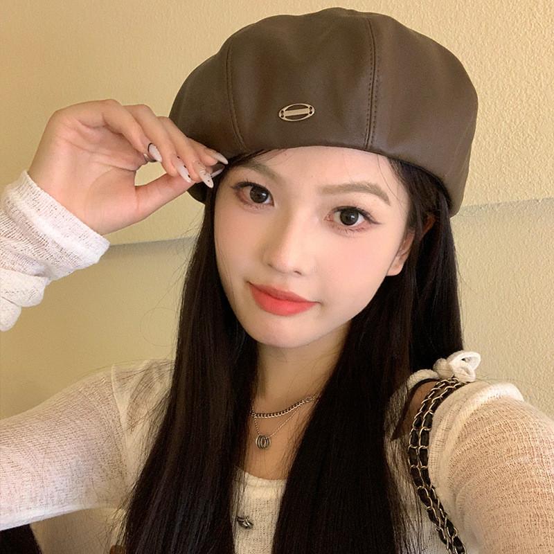 Leather Pu Chic Beret Cap For Women In Trendy Brown Black And Beige Colors Perfect For Fashion Lovers In Spring Autumn