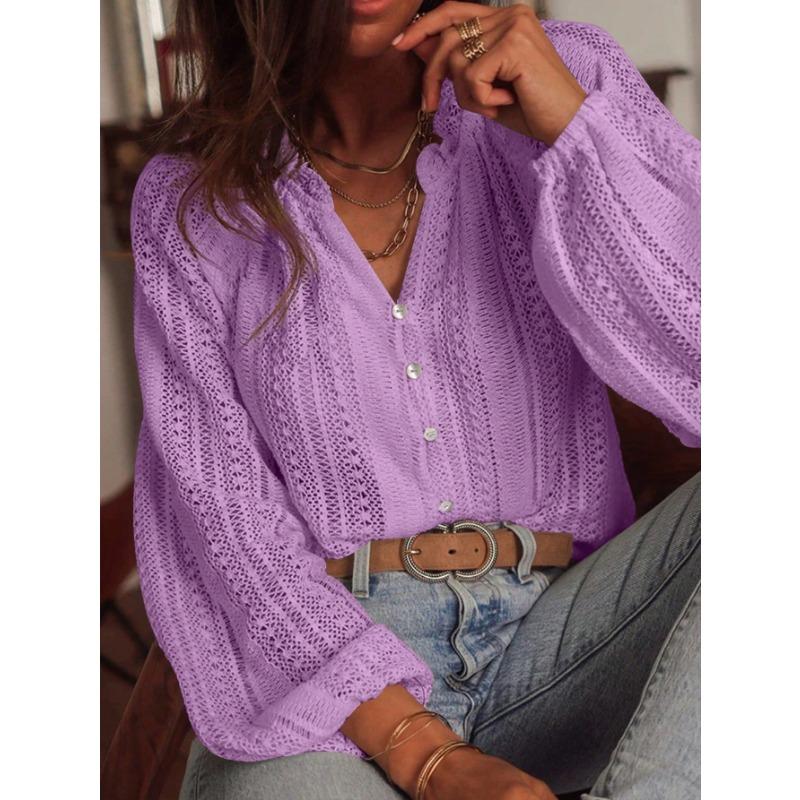 Loose Fashionable Hollow Lace V Neck Long Sleeve Shirt For Women