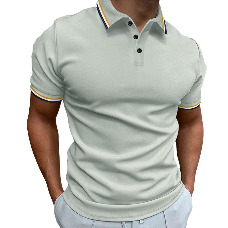 New Men's Slim POLO Shirt Ribbed Striped Lapel Buttons Solid Colour Splicing T-shirt Tops