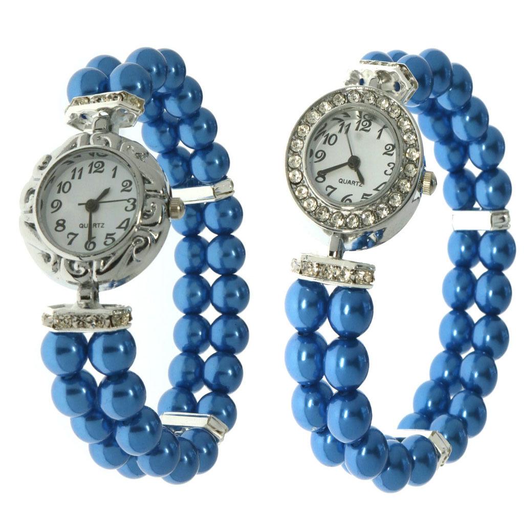 Women's Double-Row Imitation Pearl Beaded Bracelet Watch with Diamond-Set Quartz
