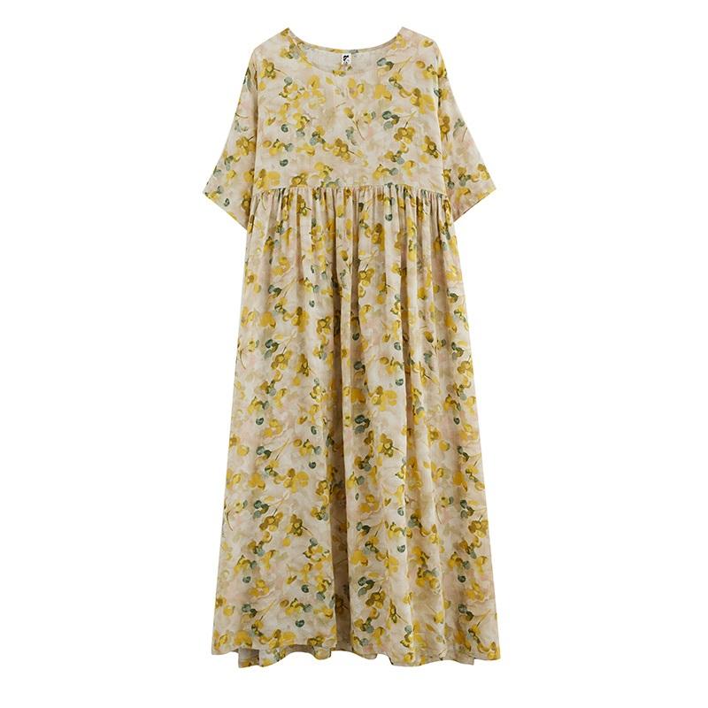 Kurzarm Plus-Size-Baumwolle im Vintage-Stil mit Blumenmuster, neu in Kleidern für Damen, lässig, locker, für den langen Sommer