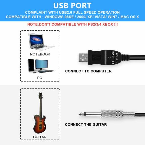 ULBRE USB Guitar Cable Guitar Cord 10FT USB Male To 1/4 Inch TS Mono Jack Connector Cord Compatible Windows and MacOS Guitar Bass To PC for Recording