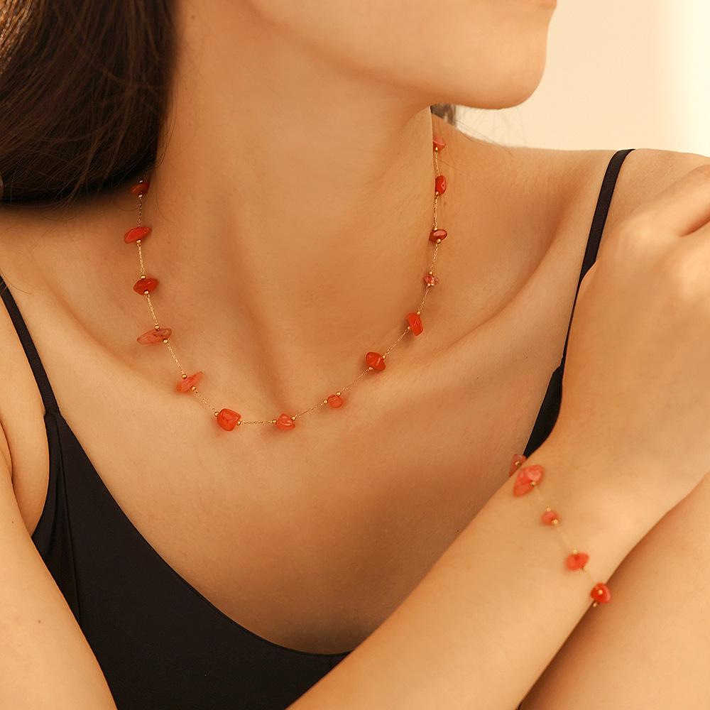 Retro French Natural Stone Necklace & Bracelet Set with Stainless Steel