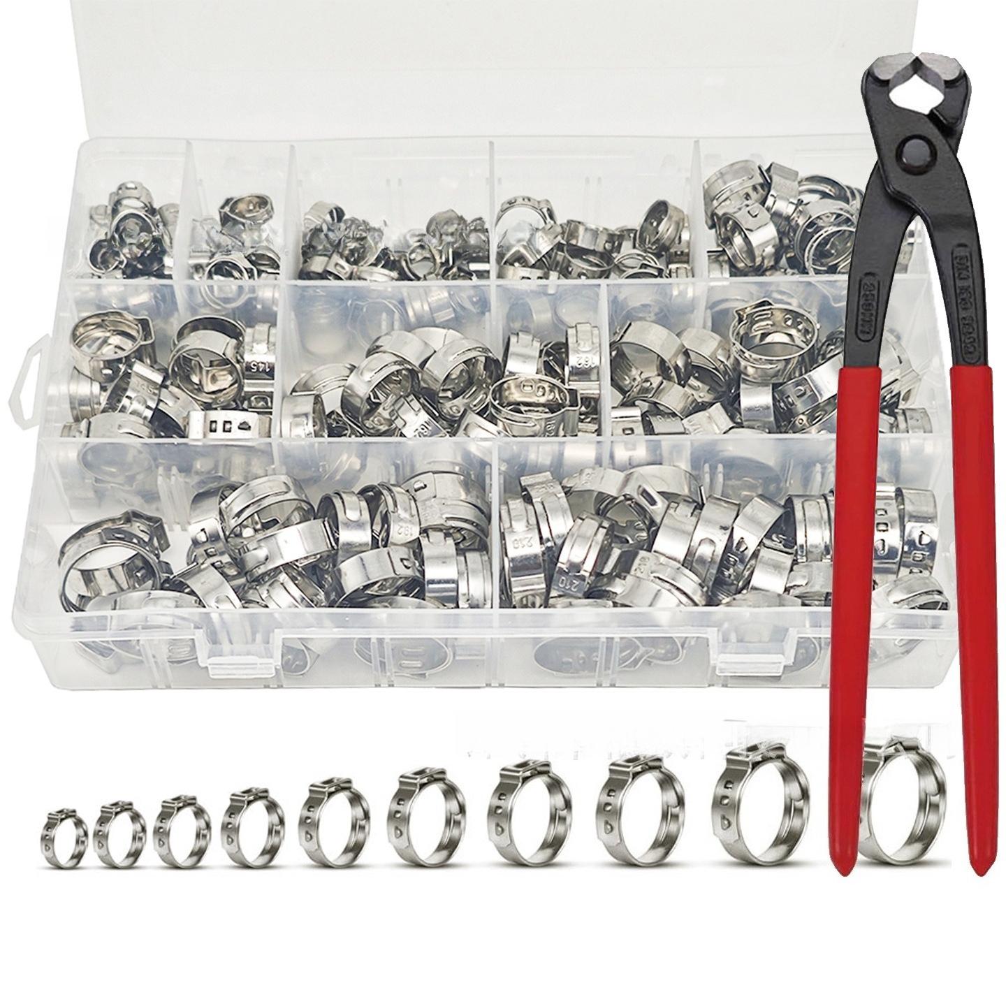 210Pcs Boxed 304 Stainless Steel Single Ear Stepless Hose Clamp 5.8-21mm Set with Clamp Pliers