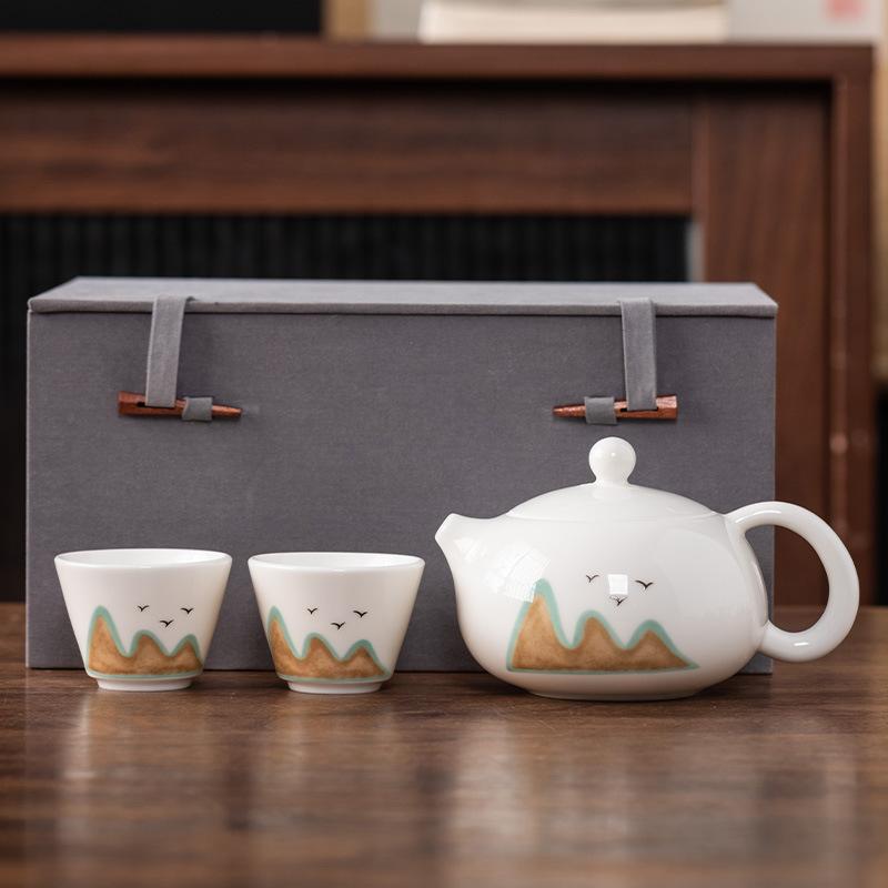 Beam Pot One Pot and Two Cups Suet Jade Porcelain Light Luxury Kung Fu Tea Set Kuaike Cup High-end Brocade Box Gift Box