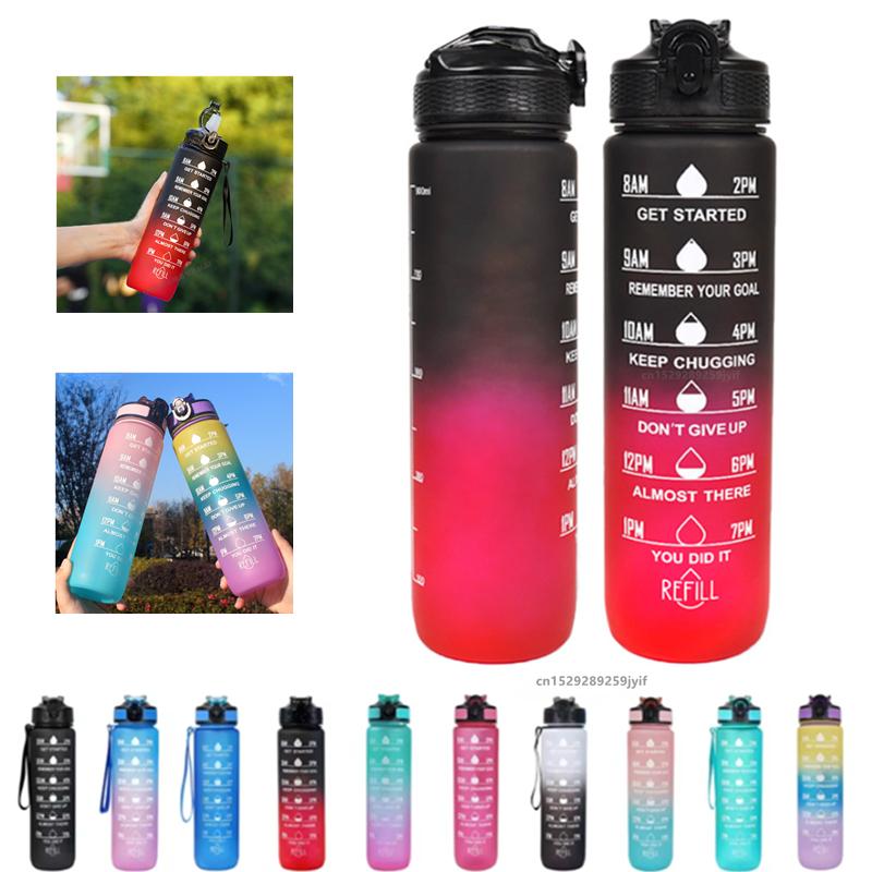 1000ml Motivational Sports Water Bottle Straw Bottle Leakproof Gradient Time Marker Drinkware for Gym Outdoor