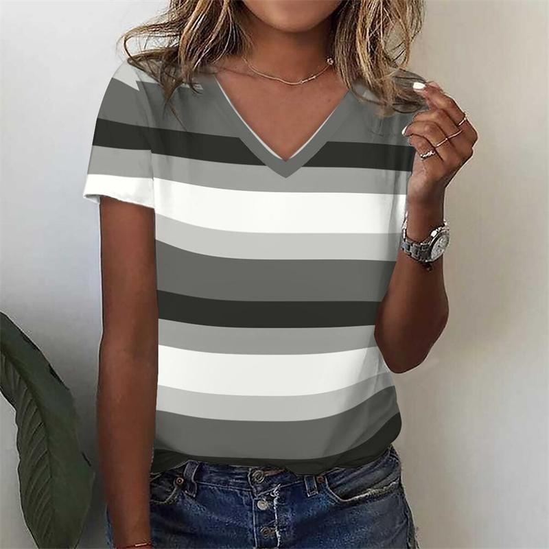 Stripe Graphic T Shirt Women Summer V-Neck Short Sleeve Tops Holiday Casual Tees Y2k Woman Streetwear Harajuku Oversized T-shirt