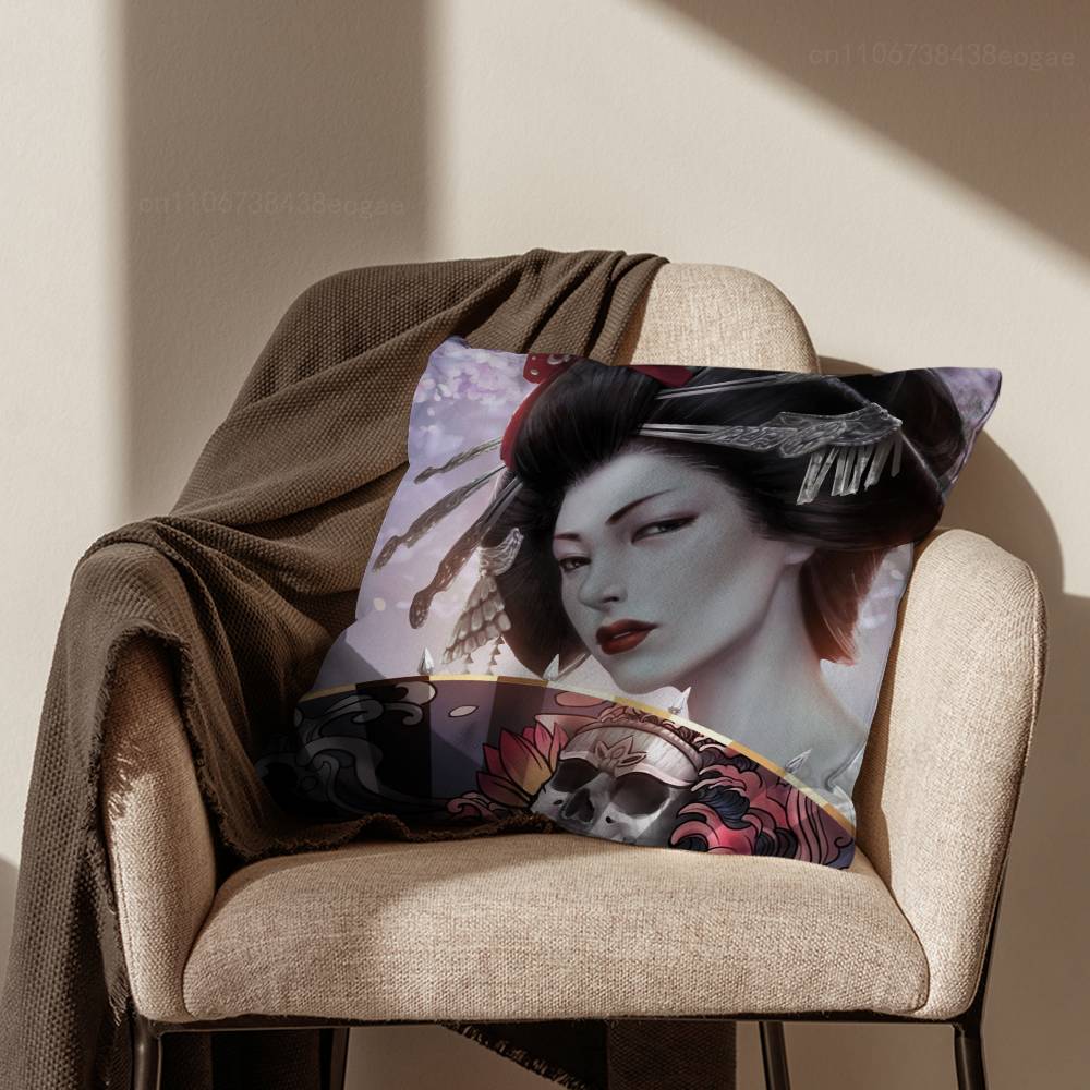 S-Samurai Warrior Geisha  Throw Pillow Case For 45*45cm,55*55cm,30*30cm For Home Bedroom Decoration And Protector